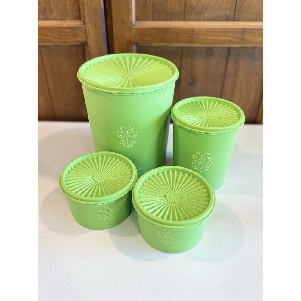 VTG Tupperware Servalier Canister Set Green Apple Nesting 70s (4) Sunburst Lids - Picture 2 of 16